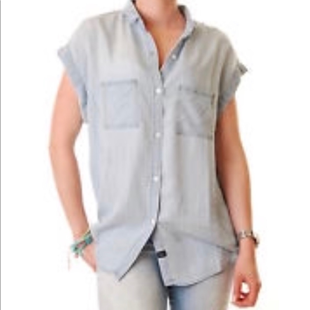 Rails Britt Cap Sleeve Denim Polka Dot Shirt. Sm